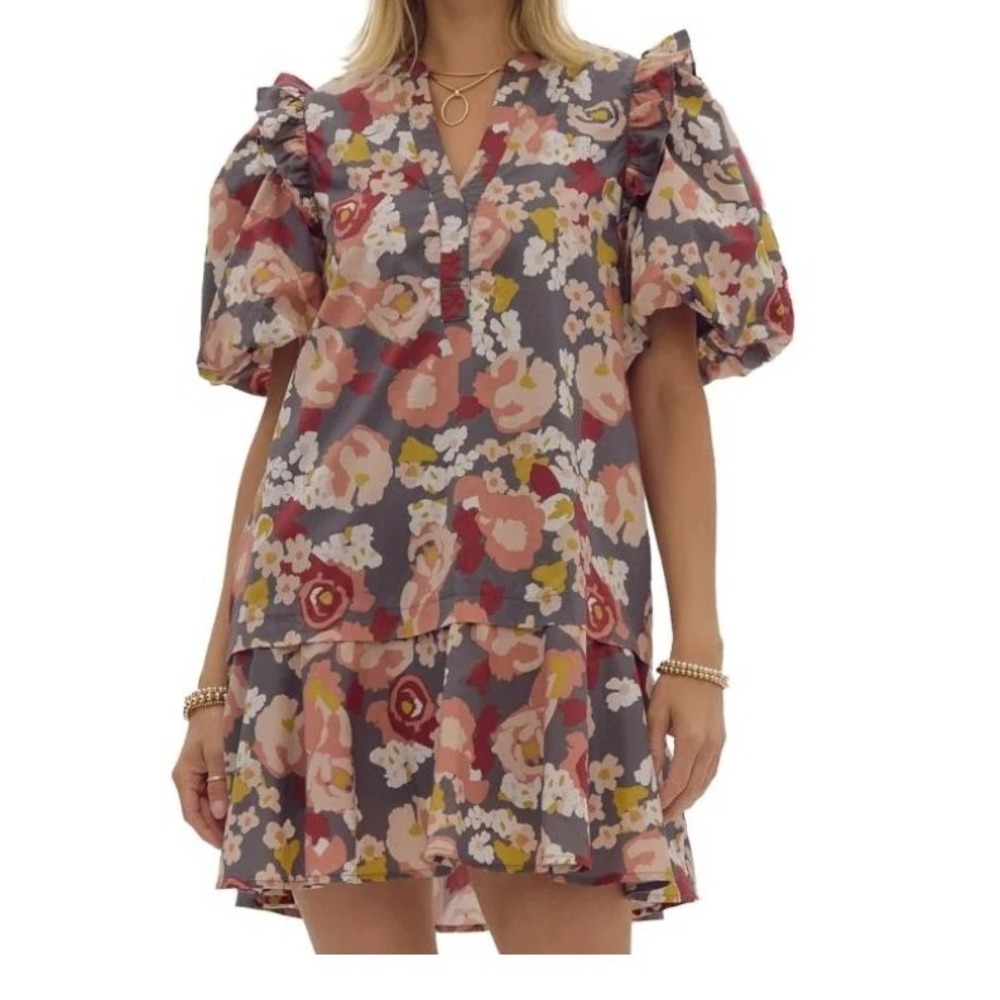 Entro Floral Mini Dress Sz M Puff Sleeve Babydoll Whimsical Boho Cottagecore
